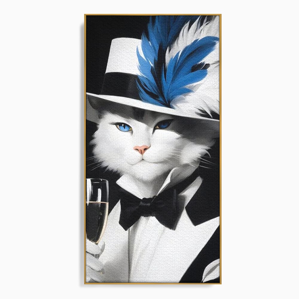Tablou canvas cu tablou canvas cu pisica aristocrata in costum, in rama de aluminiu auriu